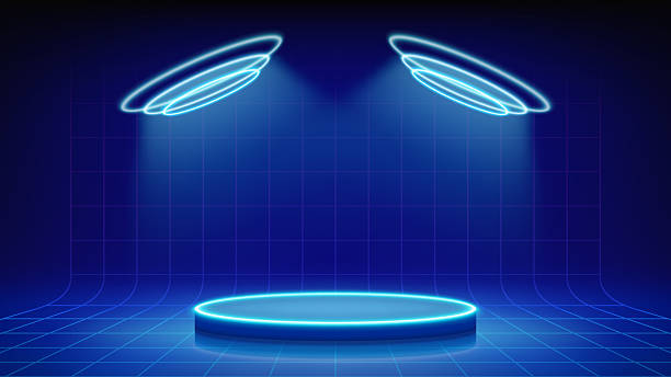 istock Futuristic blue stage, spotlights, podium. Mesh floor with round podium illuminated by circular cyan blue neon, led. Background for displaying products, presentation. Backdrop. Showcase. Vector 2252323442