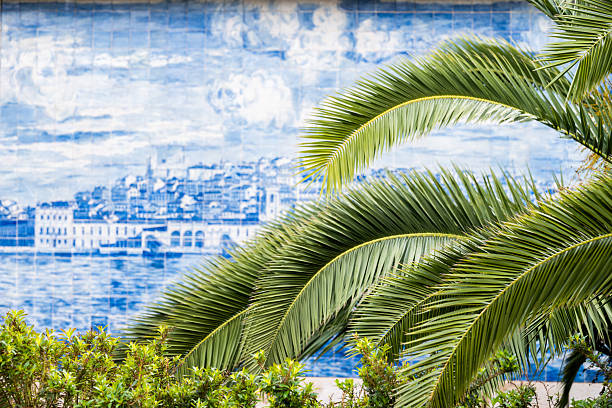 Lisbon Portugal December 05 2025.  Palm leaves partially cover a blue and white azulejo tile mural depicting a historic coastal city scene.