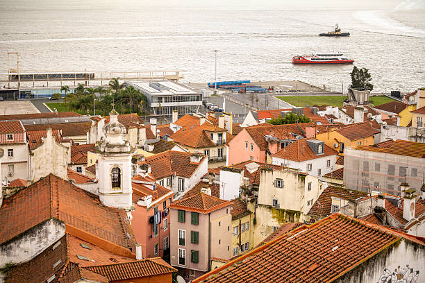 Lisbon Portugal December 05 2025. A dense cluster of historic rooftops overlooks the waterfront area and ferry terminal along the Tagus River.