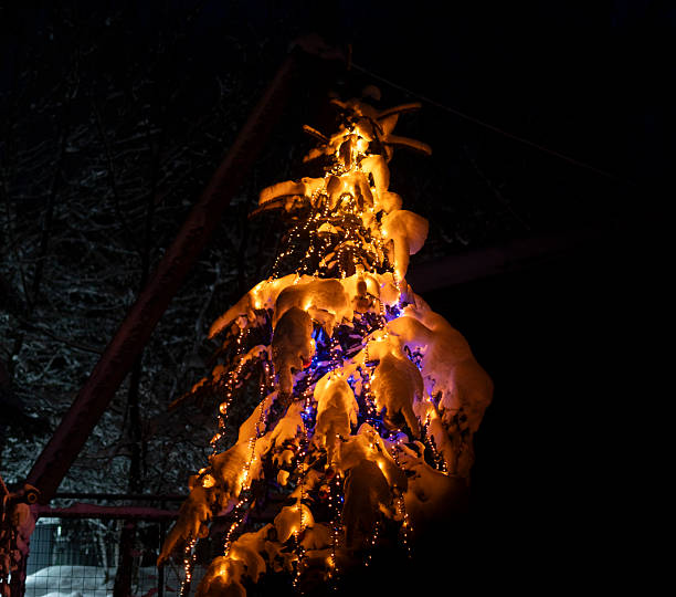 Large Christmas tree in a roundabout during heavy snowfall at night. Copy space on the two banners.