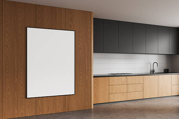 istock Modern kitchen interior with blank white poster on wooden wall partition for design mockup template in stylish minimalist background scene rendering. 3D Rendering 2252332728