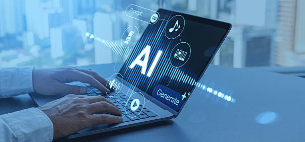 istock AI-powered music generation interface on laptop screen with futuristic tech icons and user hands typing, symbolizing digital creativity and innovation concept. 2252332976