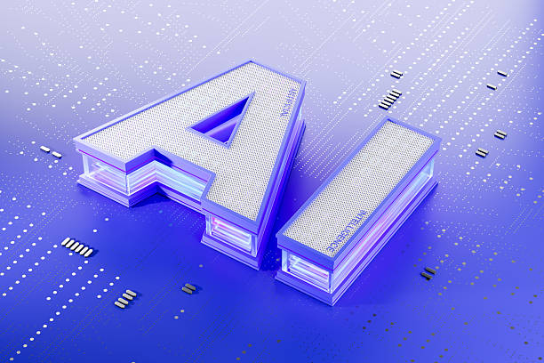 istock Futuristic 3D rendering of AI text concept with glowing layered structure on digital circuit board background in blue tones and dotted pattern effect. 3D Rendering 2252333455