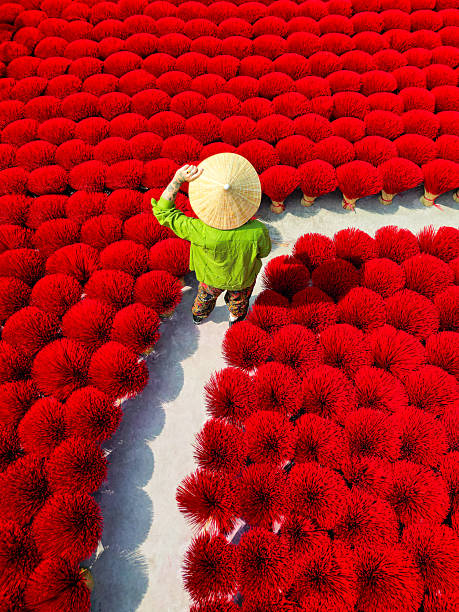 istock White man wearing a traditional Vietnamese conical hat walking between rows of red incense sticks drying outdoors, Vietnam 2252339307