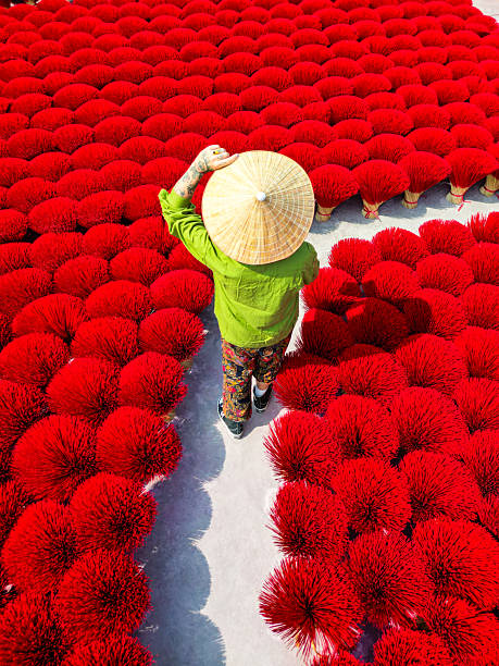 istock White man wearing a traditional Vietnamese conical hat walking between rows of red incense sticks drying outdoors, Vietnam 2252339308