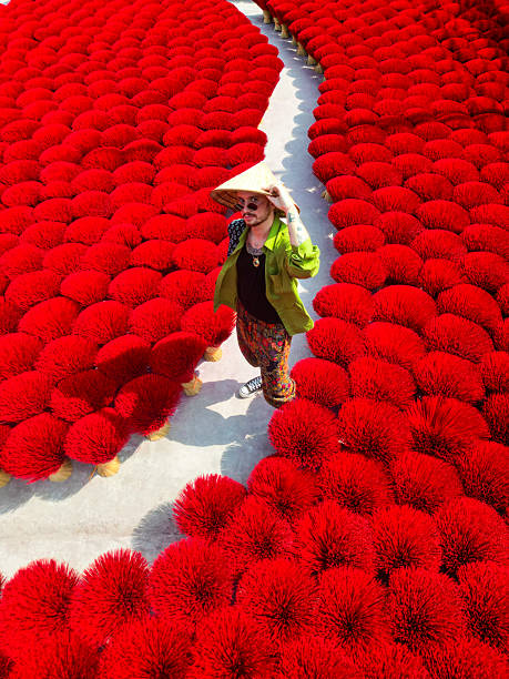 istock Man in traditional Vietnamese hat passing through symmetrical rows of bright red incense sticks drying in an outdoor workshop, Vietnam 2252339329