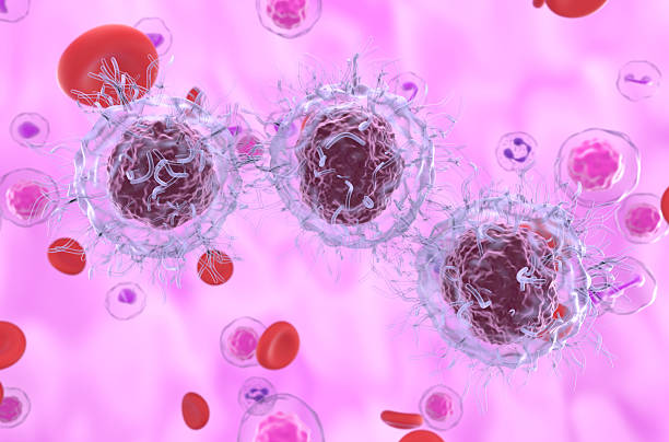 istock Hairy cell leukemia (HCL) cells in blood flow - semi closeup view 3d illustration 2252341402