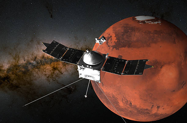 istock Mars with Maven probe - closeup view 3d illustration 2252341431