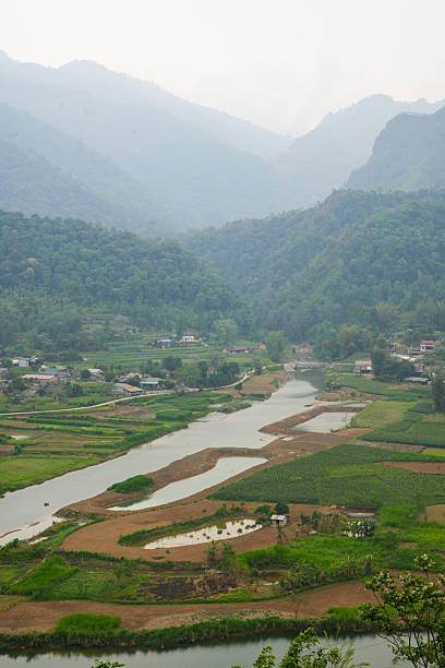 Drone shot of peaceful rivers snaking through limestone cliffs and emerald-green rice fields in Ninh Bình Province.