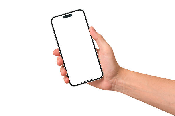 A hand showing a modern premium smartphone with a blank screen, isolated on white background. High quality studio shot. Concept for technology, business, finance, advertising, public relations and lifestyle themes.