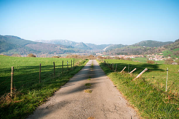 View of a narrow, single-lane asphalt road winding through a natural landscape. Scene conveys travel, adventure, countryside exploration and peaceful outdoor environment. Ideal for concepts of road trips, hiking, rural areas, scenic drives and nature.