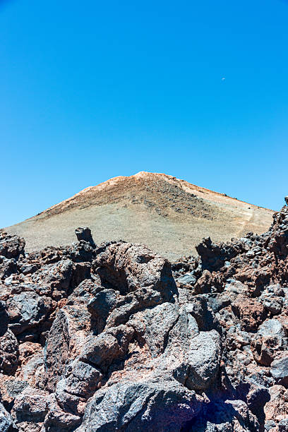 A stark desert scene features jagged lava rocks in the foreground and a gentle Teide volcanic cone rising against a clear blue sky, highlighting rugged geology and arid terrain.