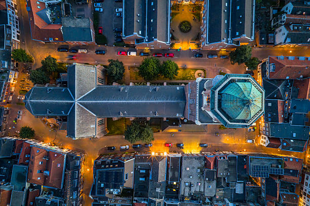 Zwolle downtown district aerial view during a summer sunset. Seen from above we can see various historical buildings.