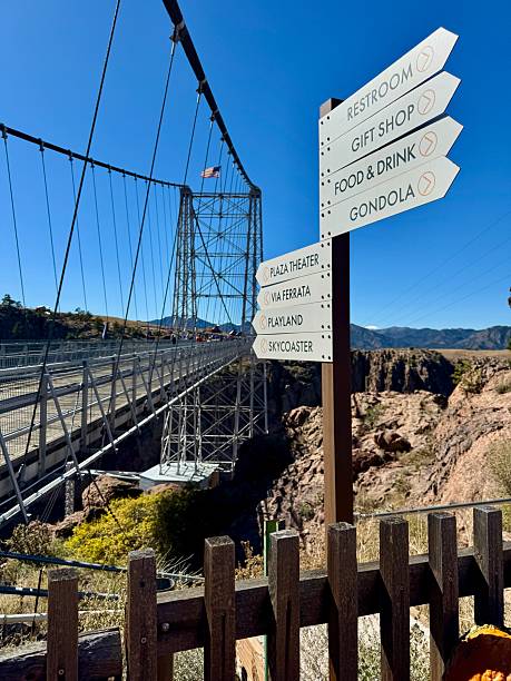 Canon City, CO, USA- October 17, 2025: A direction sign at the Royal Gorge Bridge points the way to various sights to see at this famous tourist attraction. The Royal Gorge and the Royal Gorge Bridge can be seen in the distance under a bright blue sky.