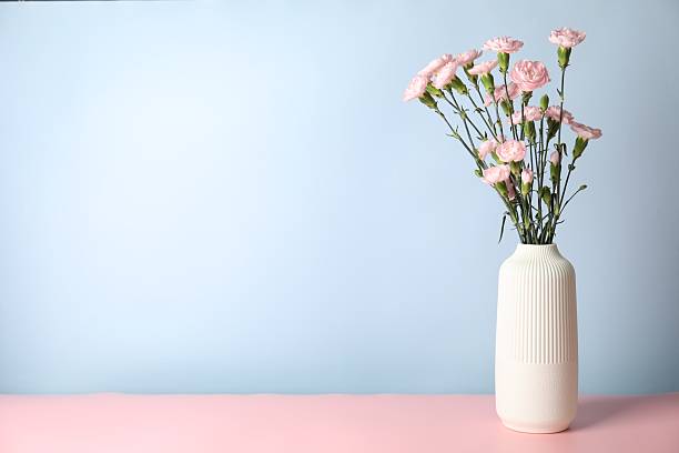istock Beautiful carnation flowers in vase on pink table against light blue background, space for text 2252361606