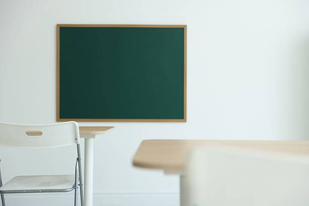 istock Blank green chalkboard, desks and chairs in classroom 2252362168