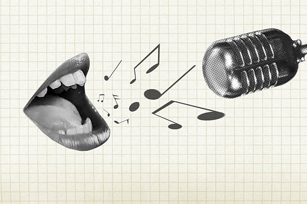 Halftone collage with a singing mouth, notes and microphone. Vintage microphone, shouting mouth and notes. Concept for a concert, podcast, broadcast, performance.