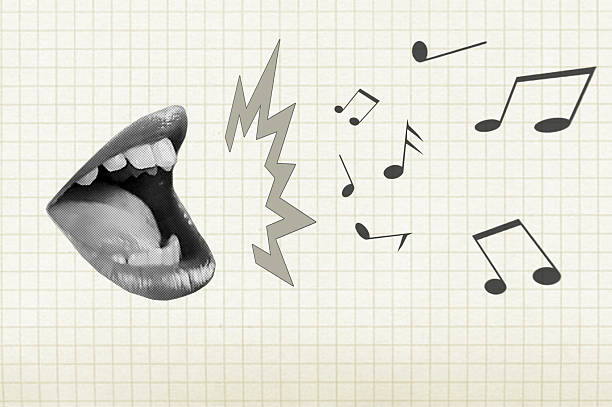 Halftone collage with a singing mouth and notes. Shouting mouth and notes. Concept for a concert, podcast, broadcast, performance.
