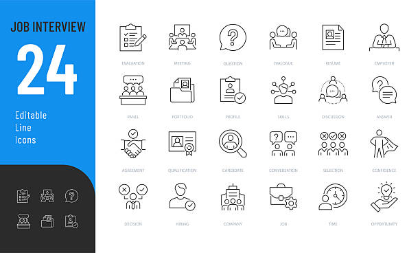 Job Interview Line Editable Icons set. Vector illustration in modern thin style of getting a job related icons: resume, candidate, hiring, and more. Isolated on transparent background. application form stock illustrations