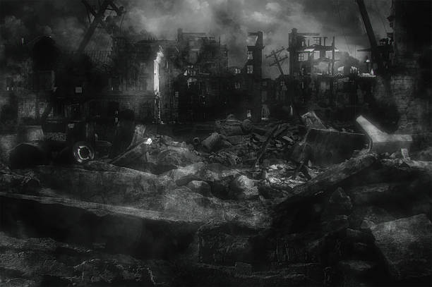 A grim, monochrome visualization of a ruined city. Dramatic view of destroyed buildings. Rubble and debris in the foreground with skeletons of bombed buildings in the background. Post-apocalyptic city ruins for dystopian or war-related storytelling