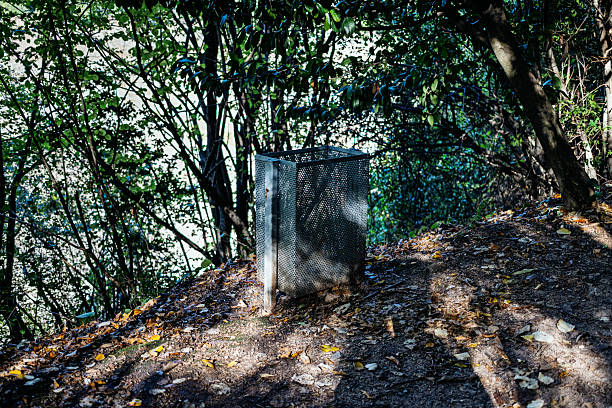 Metal Trash Bin in Forest Park with Sunlight and Fallen Leaves