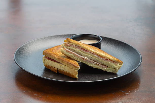istock Tasty sandwich on a dark plate with sauce 2252375491