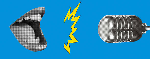 Halftone collage with a singing mouth and microphone. Vintage microphone and shouting mouth. Concept for a concert, podcast, broadcast, performance.