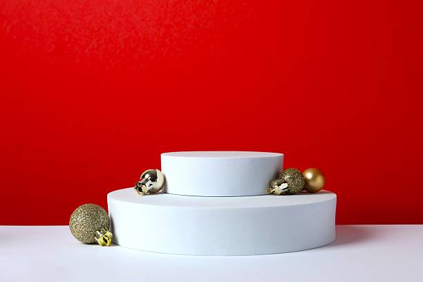 istock Beautiful composition with podium and Christmas decor on two-tone background 2252380633