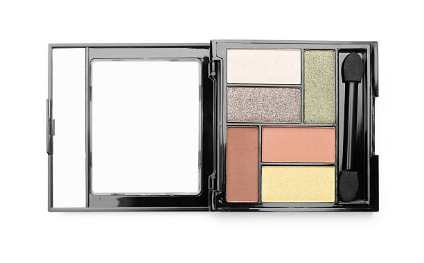 istock Beautiful eyeshadow palette with applicator isolated on white, top view 2252381757