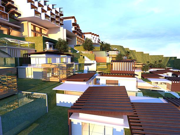 High-end 3D rendering of a luxury hillside resort featuring modern private villas with infinity pools, terraced architecture, and lush tropical landscaping. The design highlights premium hospitality architecture, sustainable resort planning, and exclusive vacation living in a tranquil natural setting.