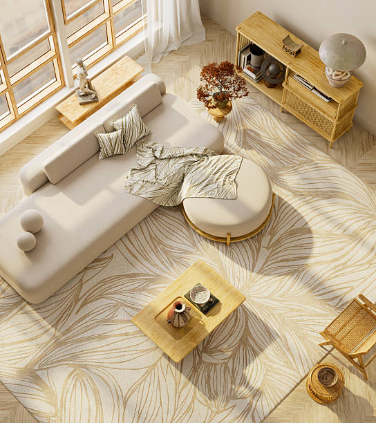 istock Minimal Japandi top view interior with cozy beige sofa, natural textures, warm sunlight, and neutral tones, ideal as a template background or branding mock-up base. 3D illustration. 2252387343