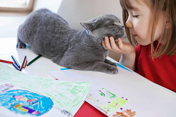 istock Boy gently touching his cat near children's drawings 2252387479