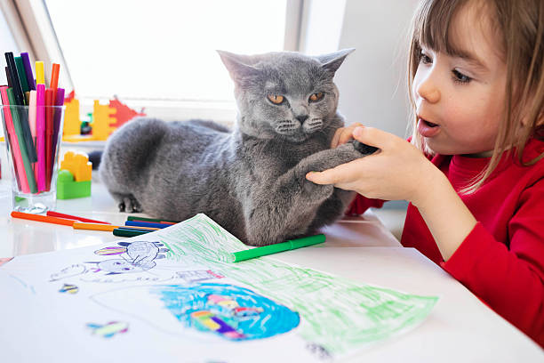 istock Boy with cat and children's drawings 2252387485