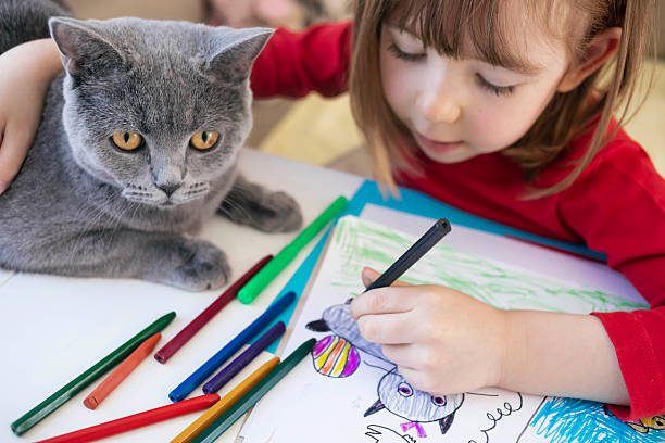 istock Boy doing creative drawing at home with pet cat 2252387496