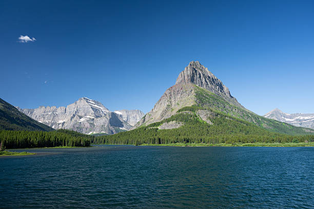 A pristine summer day at Glacier National Park in Montana features crystal-clear blue skies, rugged mountain peaks, and a calm alpine lake surrounded by dense evergreen forest. The vibrant scene captures the park’s untouched natural beauty.