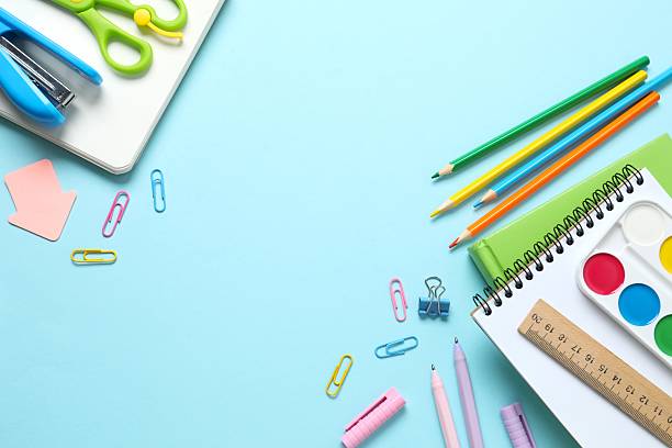istock Flat lay with school stationery on color background, top view 2252403890