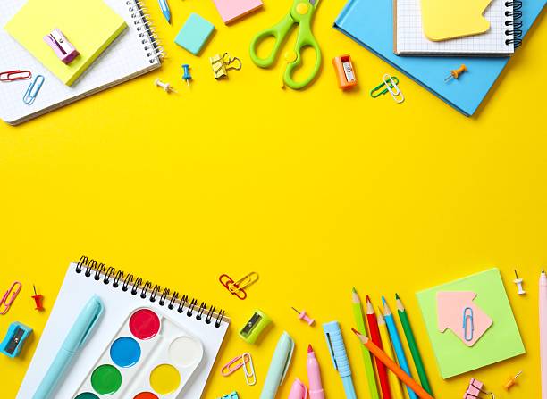 istock Flat lay with school stationery on color background, top view 2252404008
