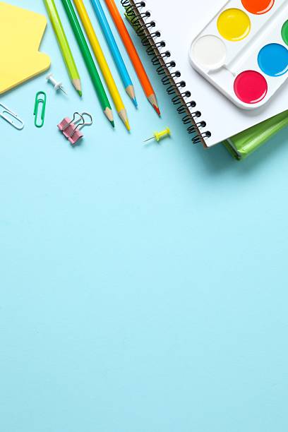 istock Flat lay with school stationery on color background, top view 2252404009