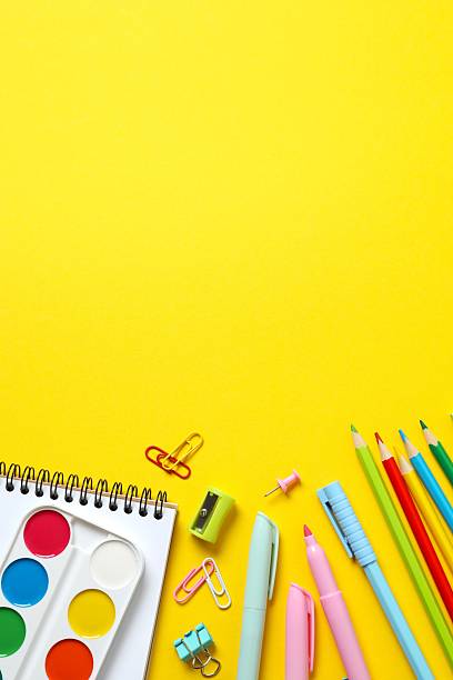 istock Flat lay with school stationery on color background, top view 2252404010