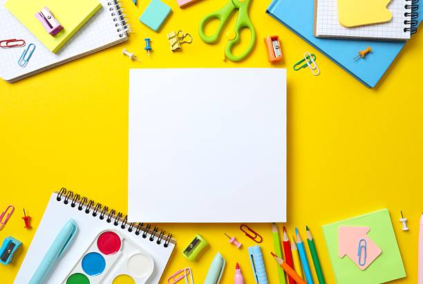 istock Flat lay with school stationery on color background, top view 2252404066