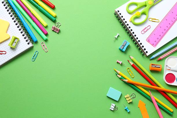 istock Flat lay with school stationery on color background, top view 2252404099