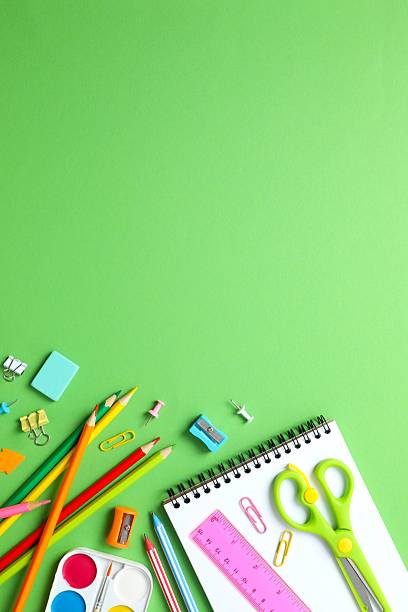 istock Flat lay with school stationery on color background, top view 2252404101