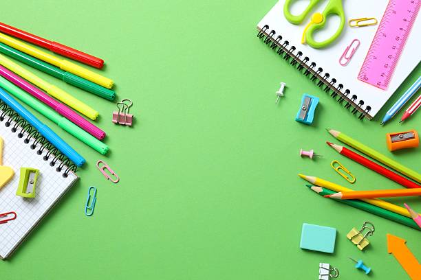 istock Flat lay with school stationery on color background, top view 2252404478