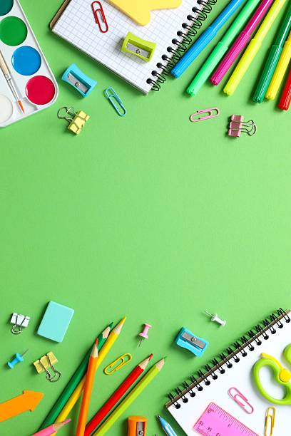 istock Flat lay with school stationery on color background, top view 2252404498