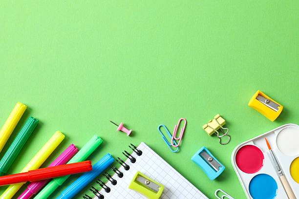 istock Flat lay with school stationery on color background, top view 2252404503