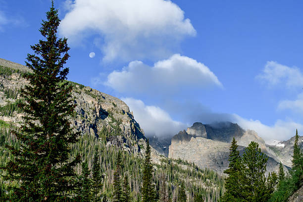 Moon through the clouds setting over mountains in Rocky Mountain National Park