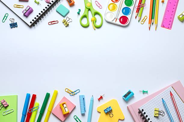 istock Flat lay with school stationery on white background, top view 2252411531