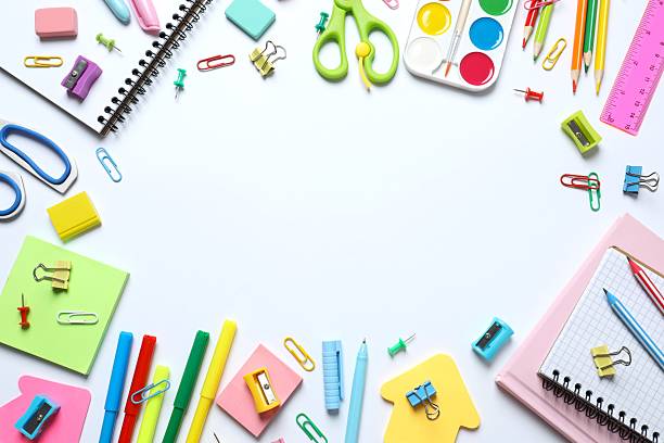 istock Flat lay with school stationery on white background, top view 2252411548