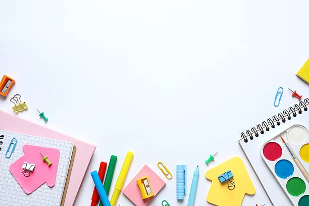 istock Flat lay with school stationery on white background, top view 2252411549