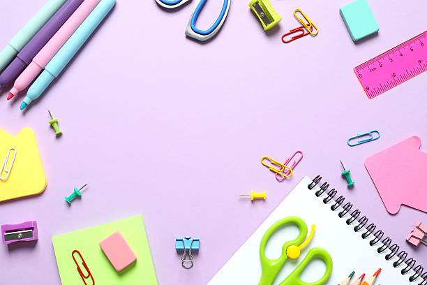 istock Flat lay with school stationery on color background, top view 2252411655